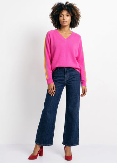 Pull col V manches lignes multicolores Fuchsia