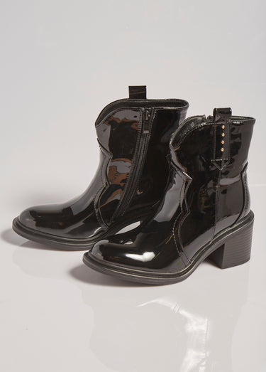 Boots vernies à talon, détails western Noir