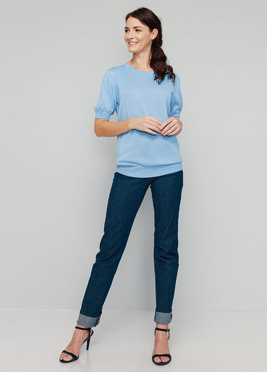 Pull laine mérinos chaud manches courtes Bleu Nuage