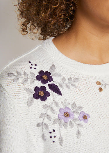 Pull doux uni brodé col rond manches longues Ecru