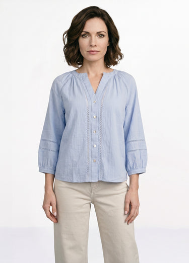 Tunique col V boutonnée, détails macramé Bleu Clair