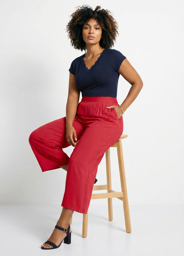 Pantalon large taille élastiquée fleuri ou uni Tomette