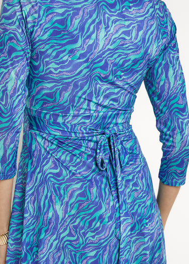 Robe cache-cœur stretch, taille plissée Vert/Bleu