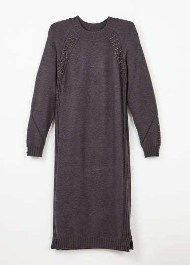 Robe-pull col montant détails côtelés perlés Gris Anthracite