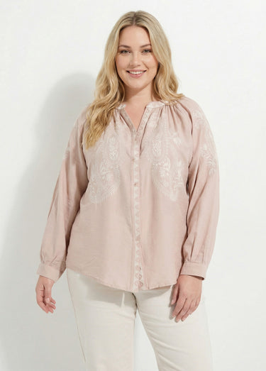 Blouse avec broderies et petit col V Beige/Ecru
