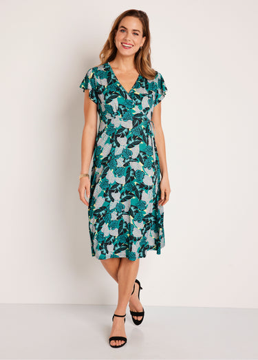 Robe courte cache-coeur motif végétal Vert/Rose