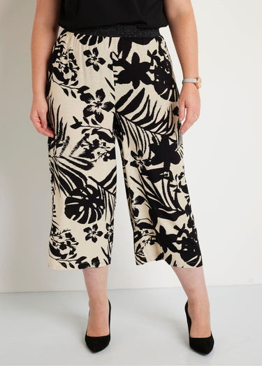 Pantacourt large fluide ceinture élastiquée Noir/Beige