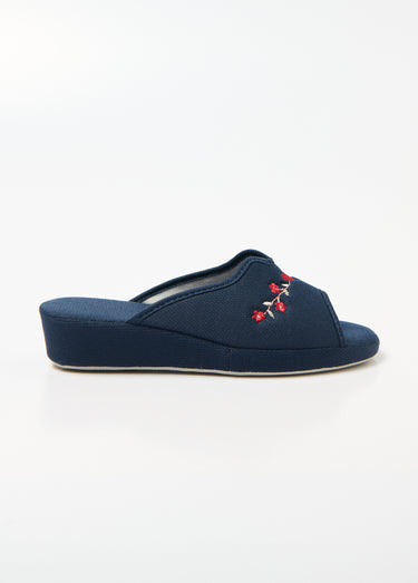 Chaussons mules brodées, talon compensé Marine