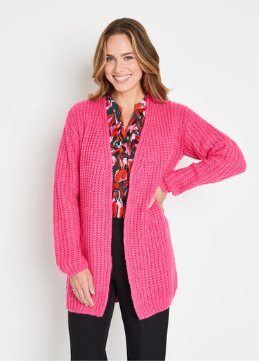 Gilet long uni bord à bord grosse maille Fuchsia