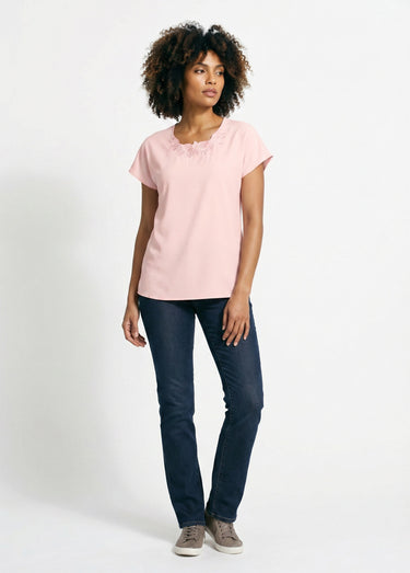 Top long manches courtes broderies col rond Rose The
