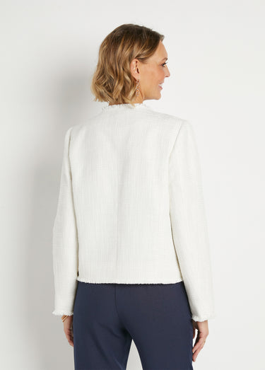 Veste sans col boutonnée courte tissu natté uni Ecru