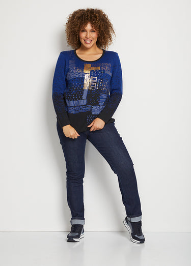 Pull chaud laine mérinos jacquard col rond Noir/Bleu