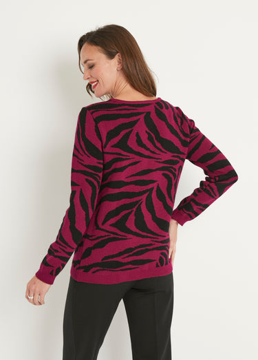 Pull doux jacquard zèbre col rond Cassis/Noir