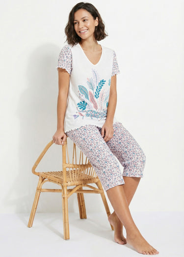 Pyjama court coton col V manches courtes Ecru