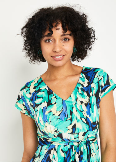 Robe maille courte évasée imprimé fantaisie Bleu/Vert
