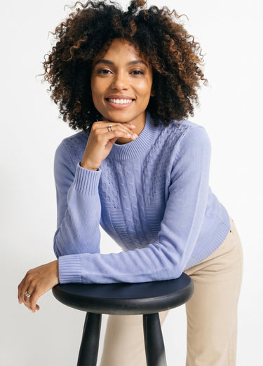 Pull doux torsades côtes strass col montant Bleu