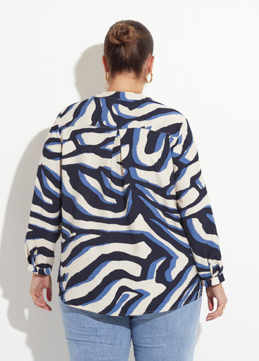 Blouse col V boutonné motif abstrait Bleu / Écru