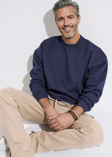 Sweat shirt col rond, détails bord cotes Marine