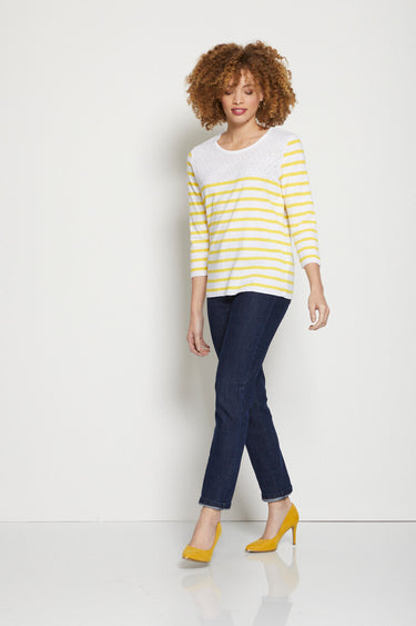 Pull rayé avec maille ajourée col rond Raye Jaune