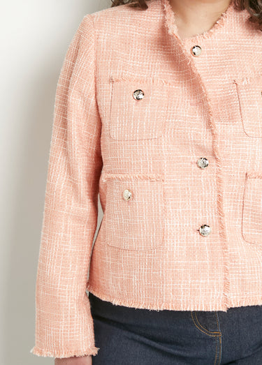 Veste sans col boutonnée courte tissu natté uni Abricot