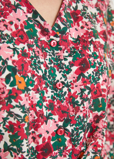Robe courte évasée fleurie col V boutonné Rose/Vert