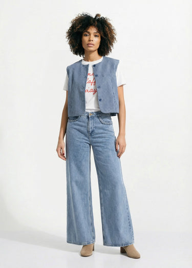Gilet court sans manches en twill rayé Raye Bleu