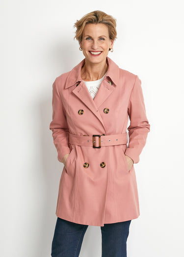 Trench court double boutonnage uni col pointu Vieux Rose