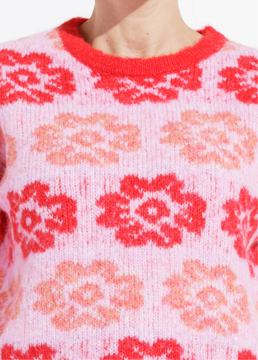 Pull court en maille motif fleuri Rose/Rouge