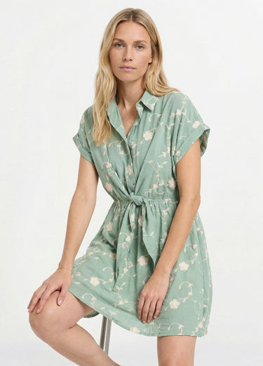 Robe courte taille nouée, fleurs brodées Vert Tilleul