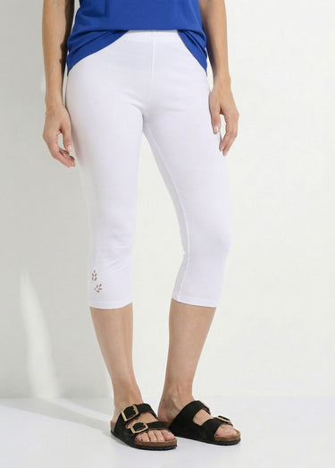 Legging court ceinture élastiqué bas brodés Blanc