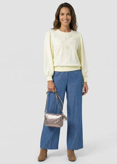 Sweat molleton pur coton brodé ajouré Jaune