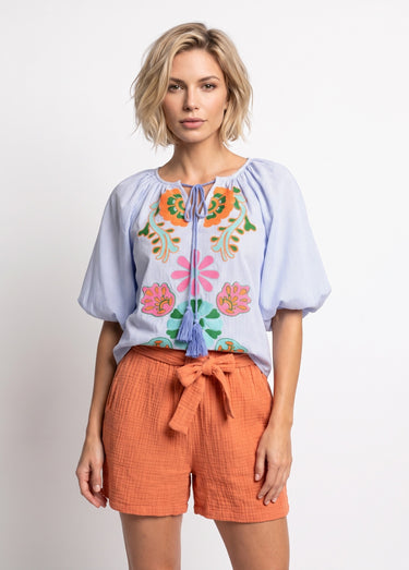 Blouse fleurs brodées, liens au col Bleu/Multicolore
