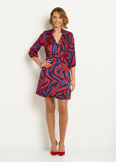 Robe courte cache-coeur imprimé zèbre colorisé Rouge/Bleu