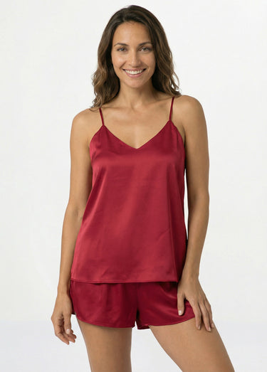 Pyjama short satin, bretelles croisées Bordeaux