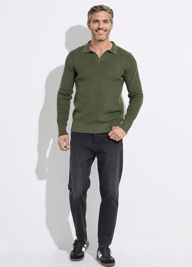 Pull ajusté col polo, manches longues Kaki