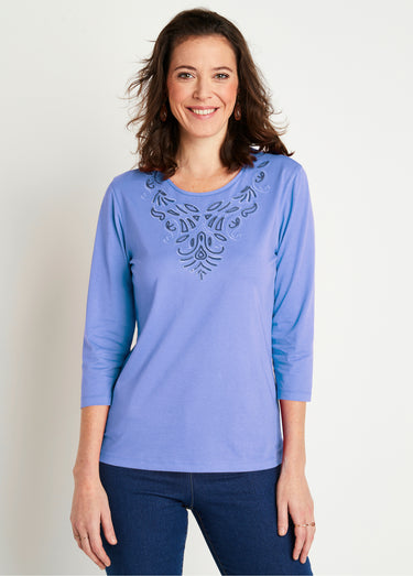 T-shirt court brodé manches 3/4 Bleu