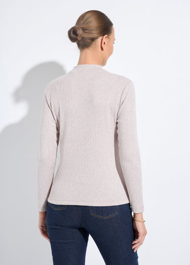 T-shirt col montant maille côtelée manches longues Beige