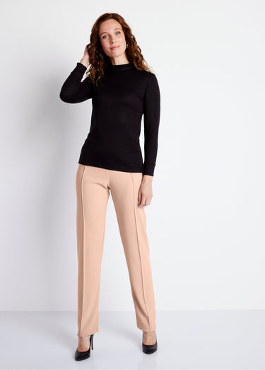 Pantalon droit taille élastiquée maille côtelée Beige