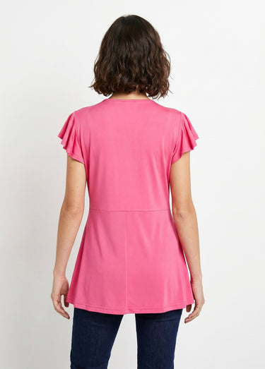 T-shirt long évasé col V drapé Uni Fuchsia