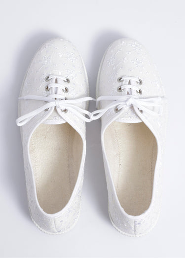 Derbies lacées compensées textile brodé Blanc
