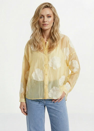 Chemisier en voile, broderies camelias Jaune