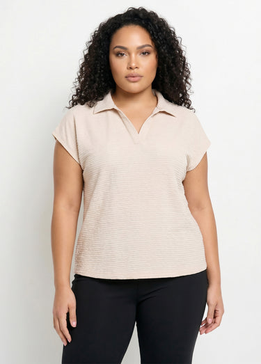 T-shirt col chemise uni manches courtes Sable