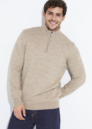 Pull col zippé chaud, laine majoritaire Beige