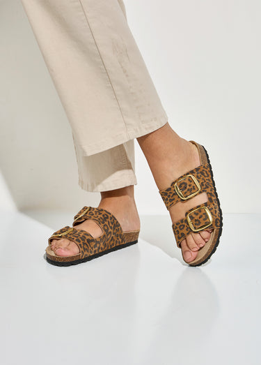 Mules ergonomiques compensées cuir à boucles Leopard