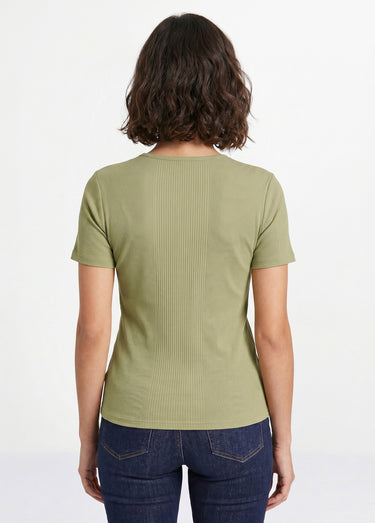 T-shirt coton côtelé col rond Kaki