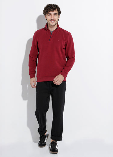 Pull épais jersey de coton, col zippé Bordeaux