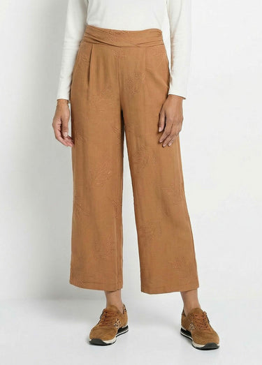 Pantalon large élastiqué brodé feuillage Camel