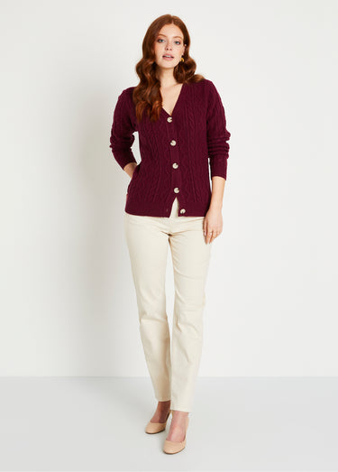 Gilet court boutonné col V maille torsades Prune