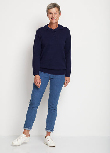 Pull col polo maille épaisse Marine