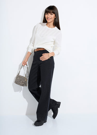Pull doux col rond manches longues blousantes Ecru